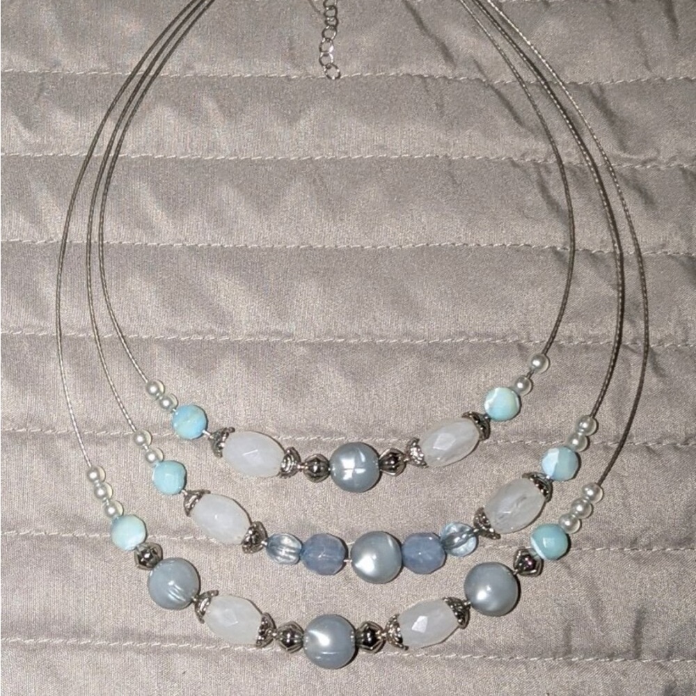 Elegant Multi-Strand Blue & White Beaded Necklace - Unbranded